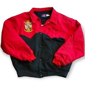Red and black VFW/military veteran bomber style coat Large